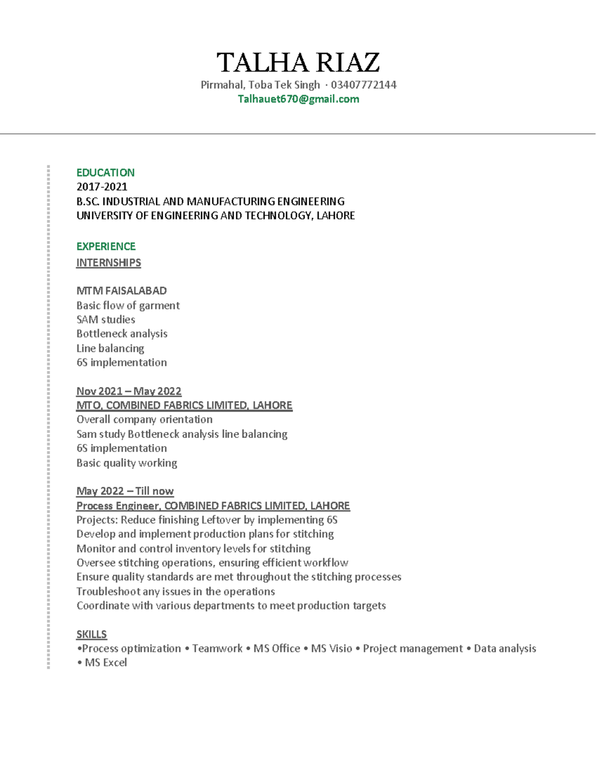 Talha Riaz - B.Sc. Industrial & Manufacturing Engineering CV - Studocu
