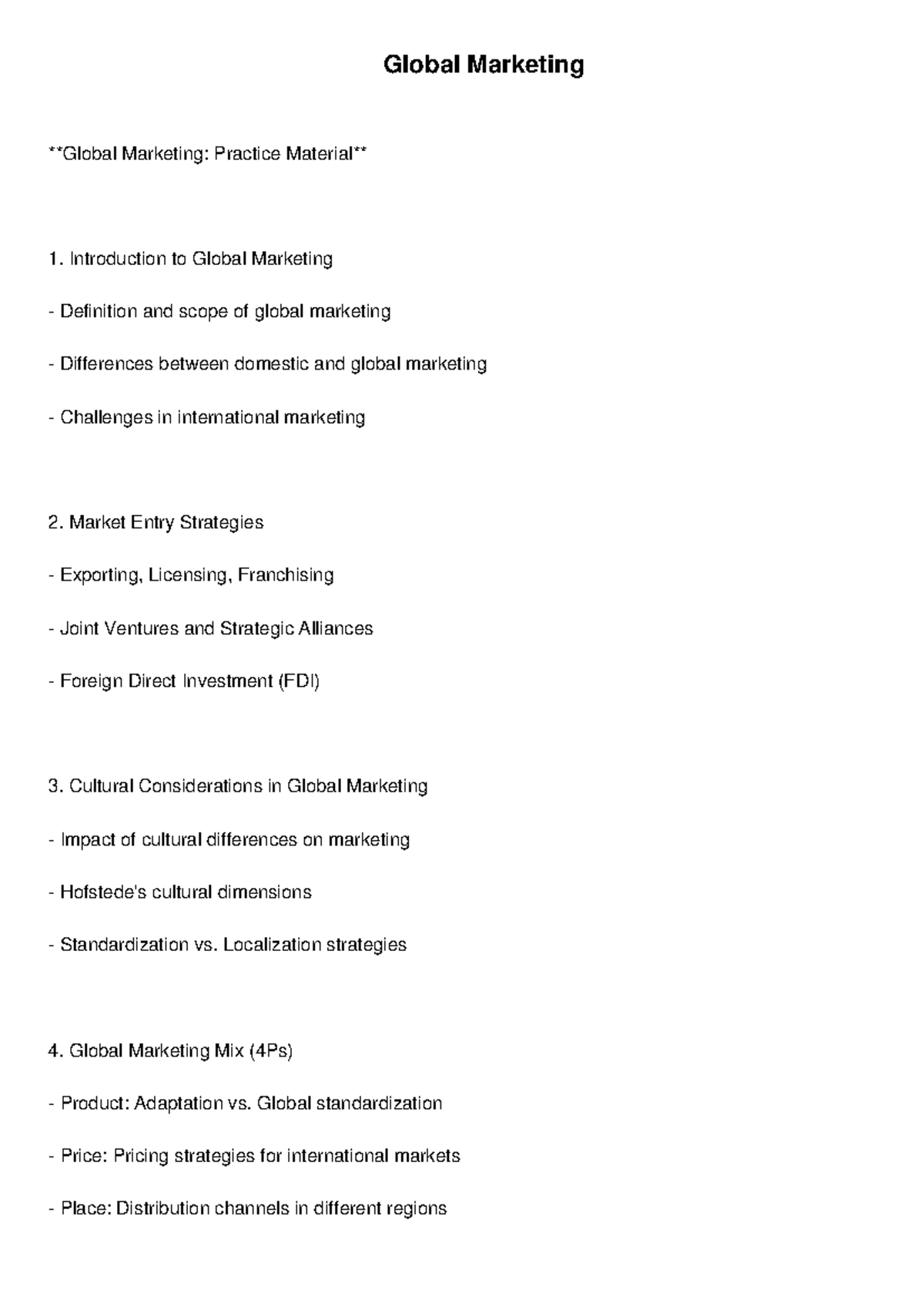 Global Marketing Overview: Key Concepts & Strategies - Studocu