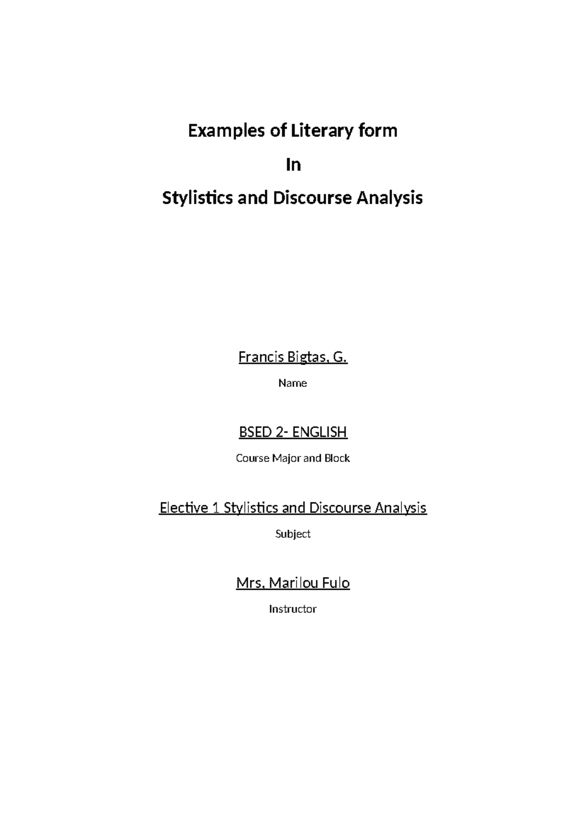 Analysis document - Examples of Literary form In Stylistics and ...