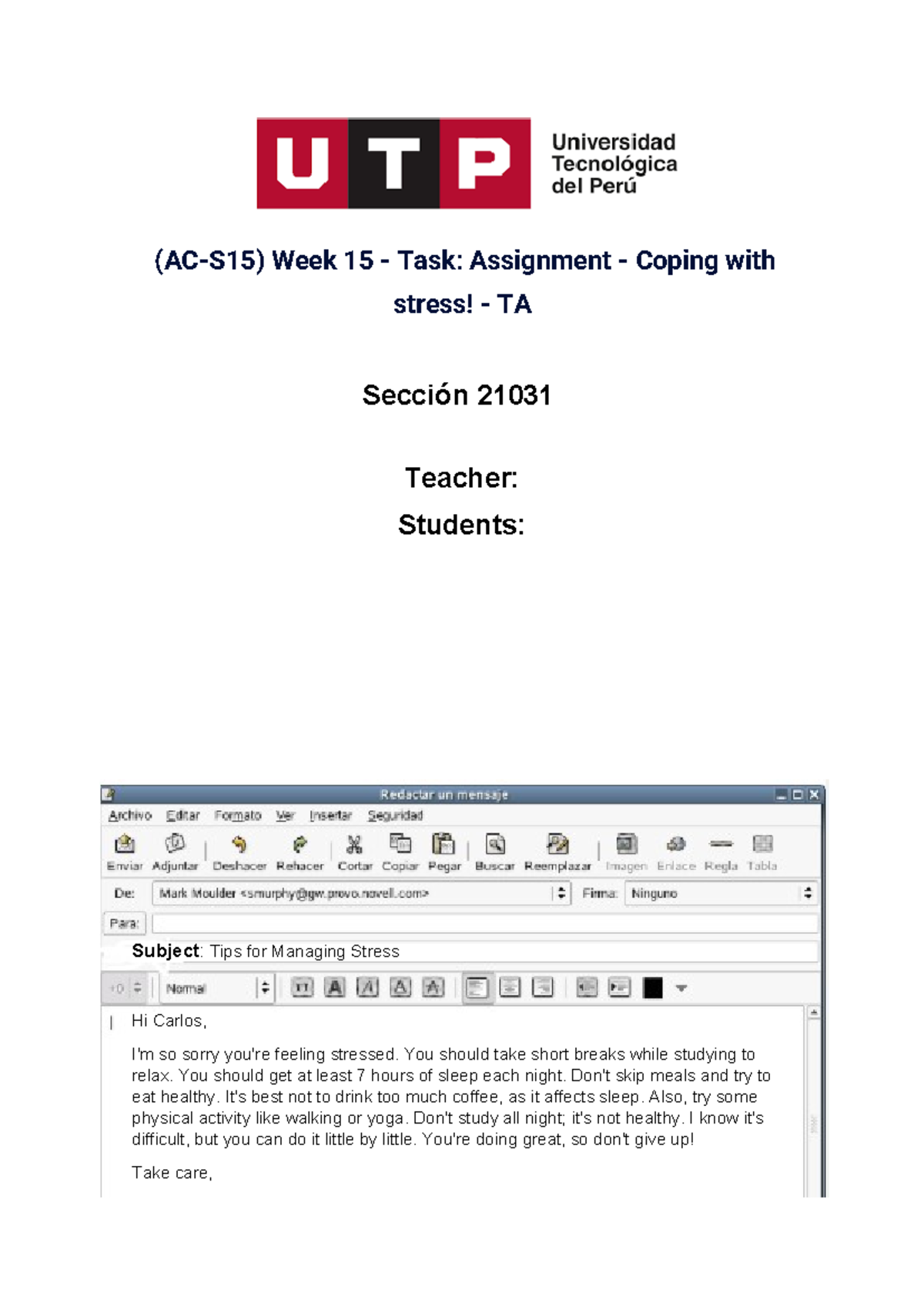 (AC-S15) Week 15 - Task Assignment - Coping with stress - Week 15 Task ...