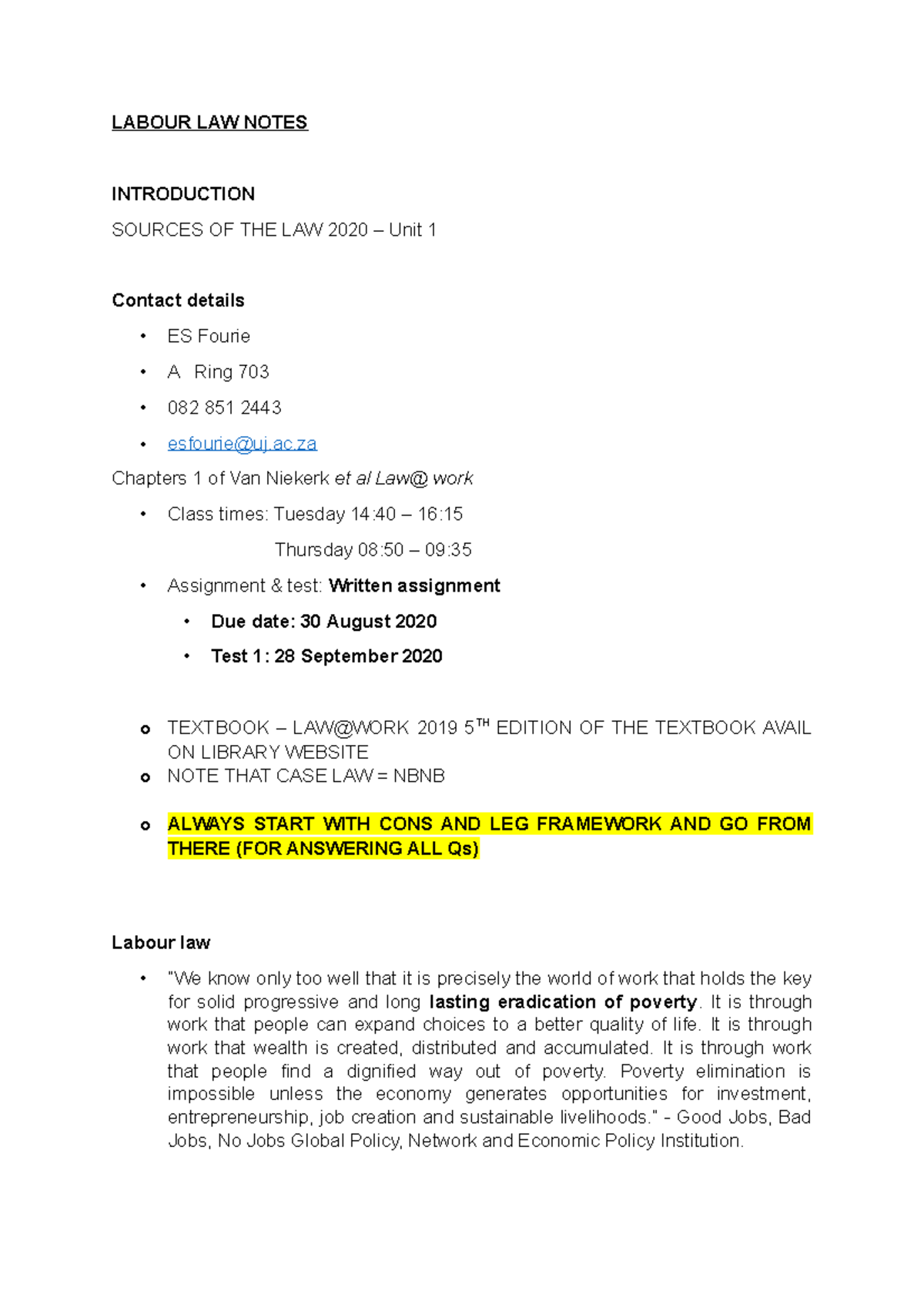 Labour Law Notes - LLB 2020 Final Exam Study Guide - Studocu