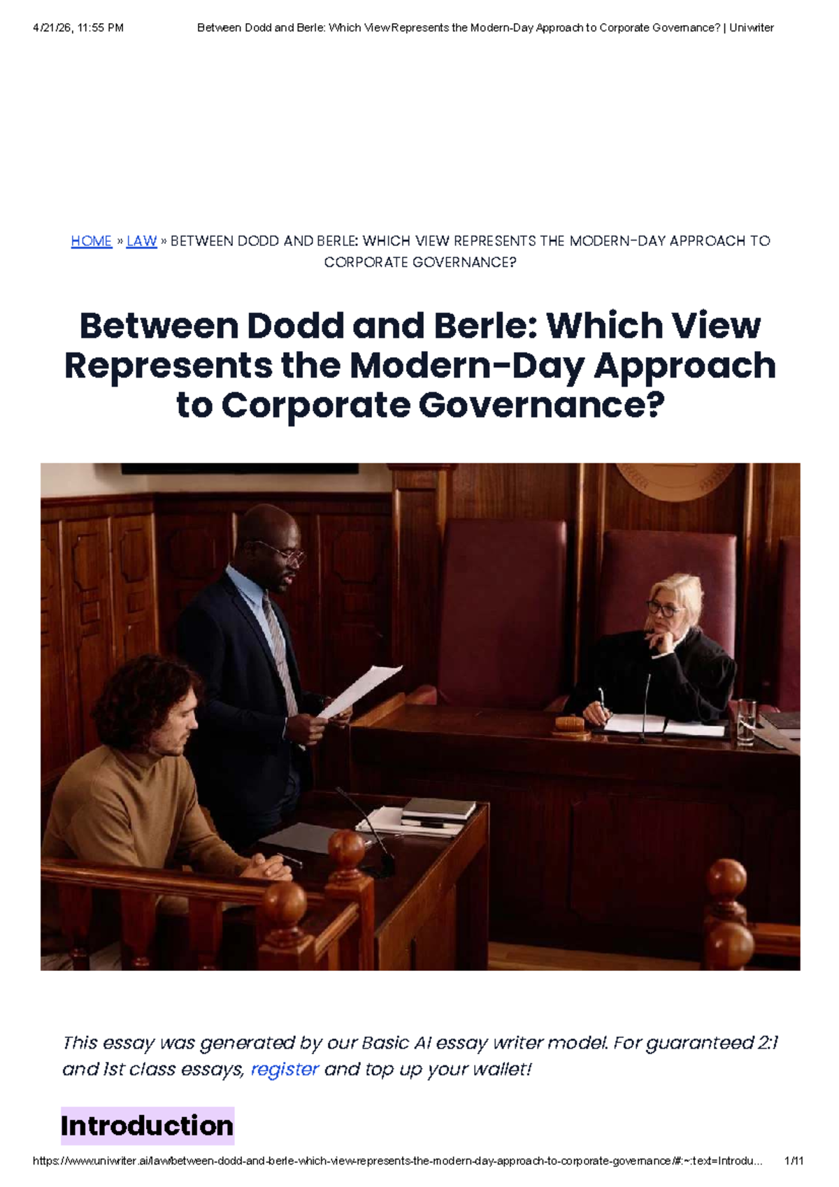 LAW 11:55 PM: Dodd vs. Berle on Corporate Governance Perspectives - Studocu