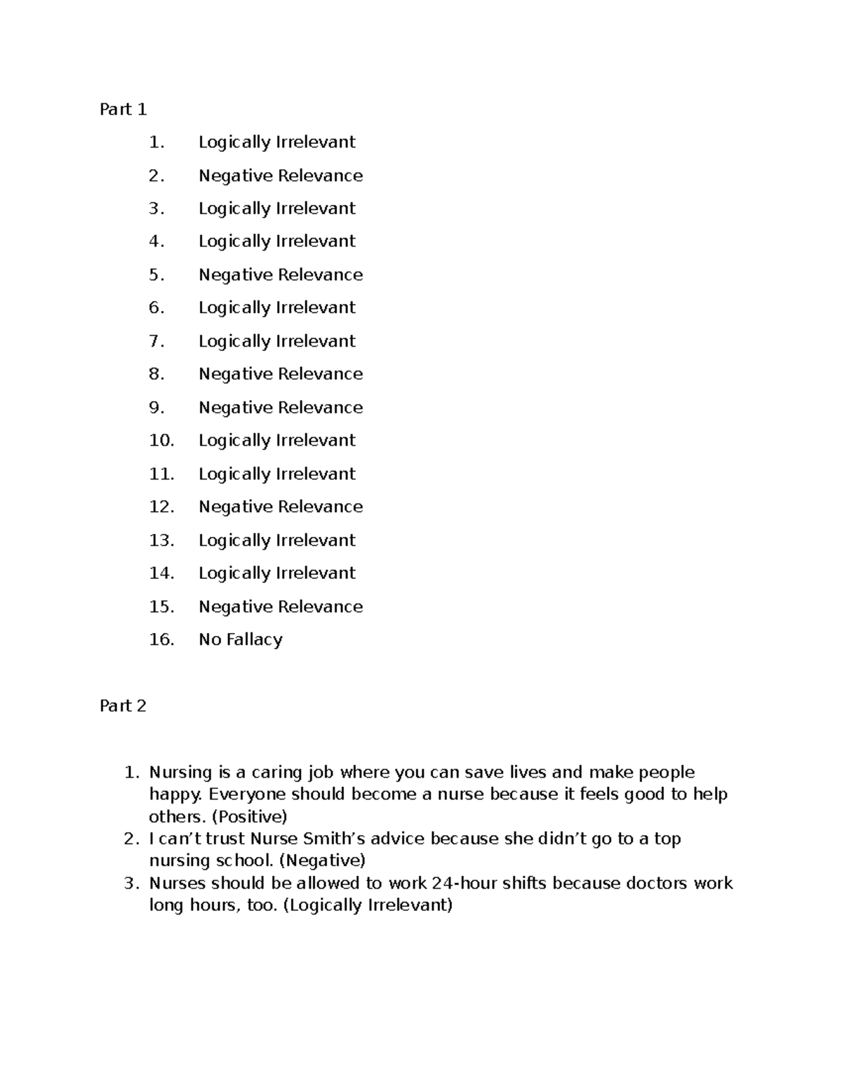 Document - ….. - Part 1 1. Logically Irrelevant 2. Negative Relevance 3 ...