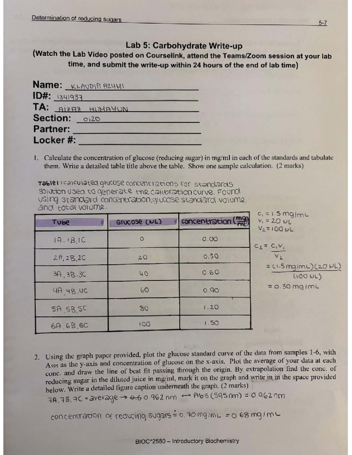 Lab 5: Determination of Reducing Sugars in Carbohydrates (Bioc 2580 ...