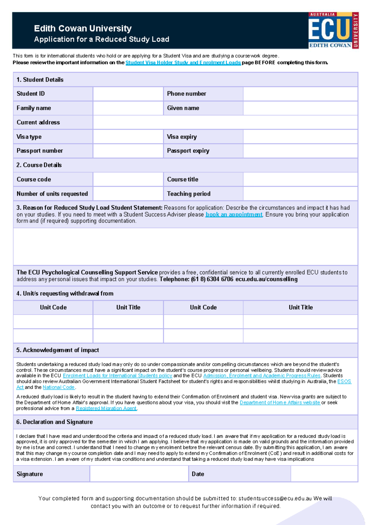 ECU Application for Reduced Study Load for International Students - Studocu