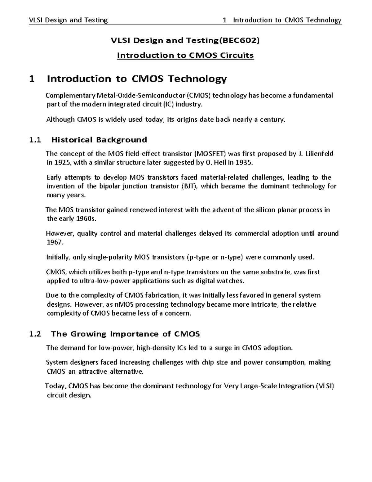 BEC602 VLSI Design & Testing: Intro to CMOS Technology and Circuits ...