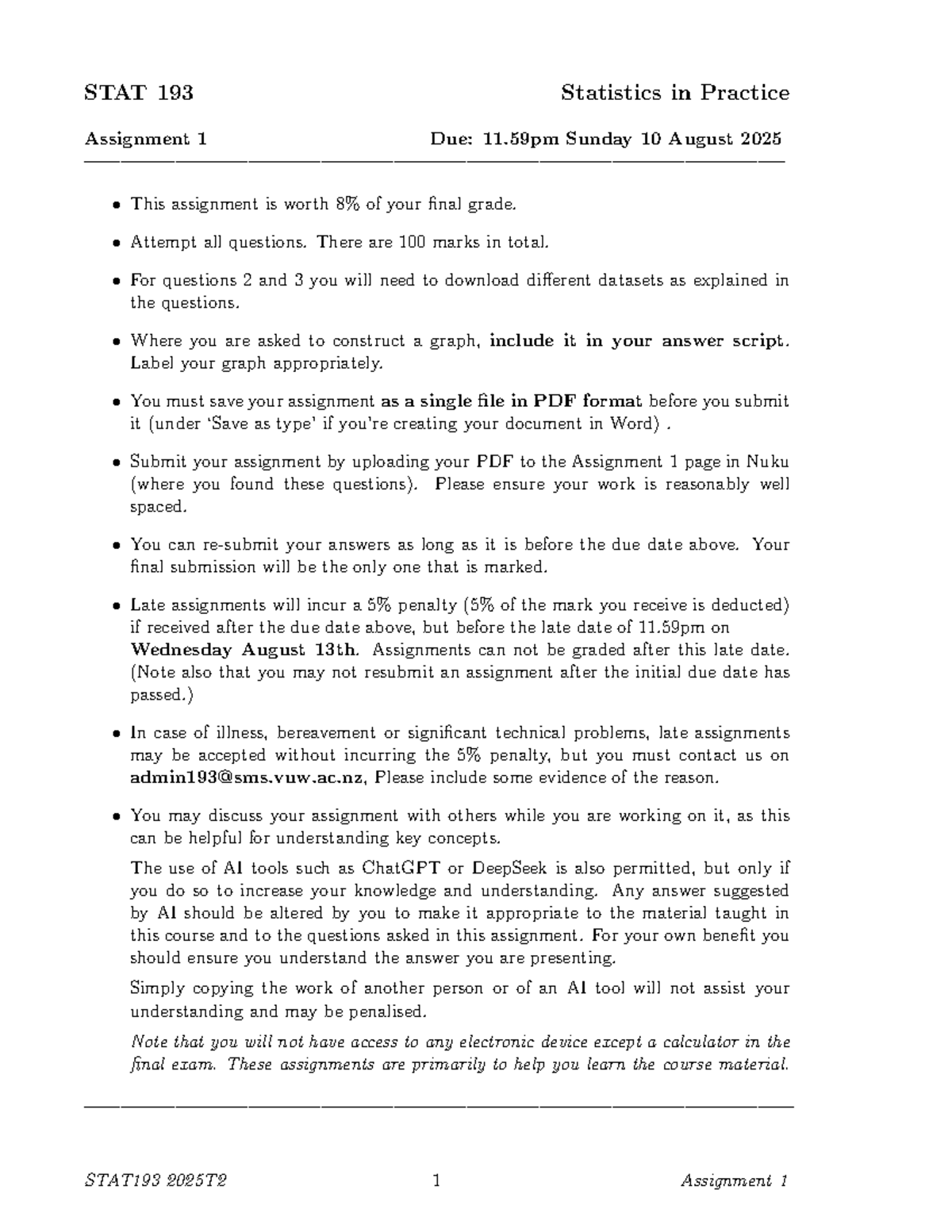 STAT 193 2025T2 Assignment 1 Guidelines and Requirements - Studocu