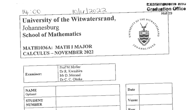 MATH1036A - Major Calculus Exam November 2022 - Studocu