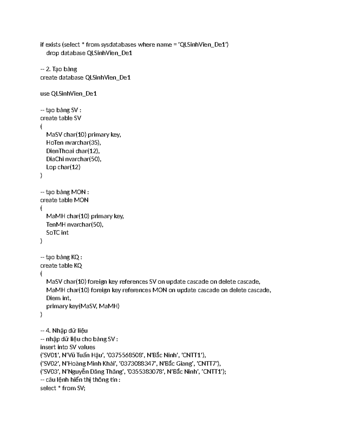 QLSinhVien_De01 - fsa112321: SQL Database Creation and Management - Studocu