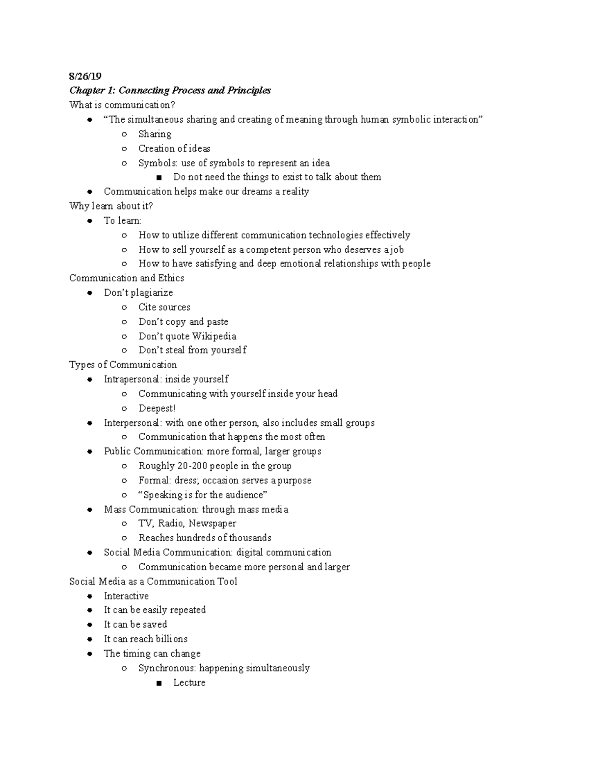 Comm 1500 - Lecture notes all - 8/26/ Chapter 1: Connecting Process and ...