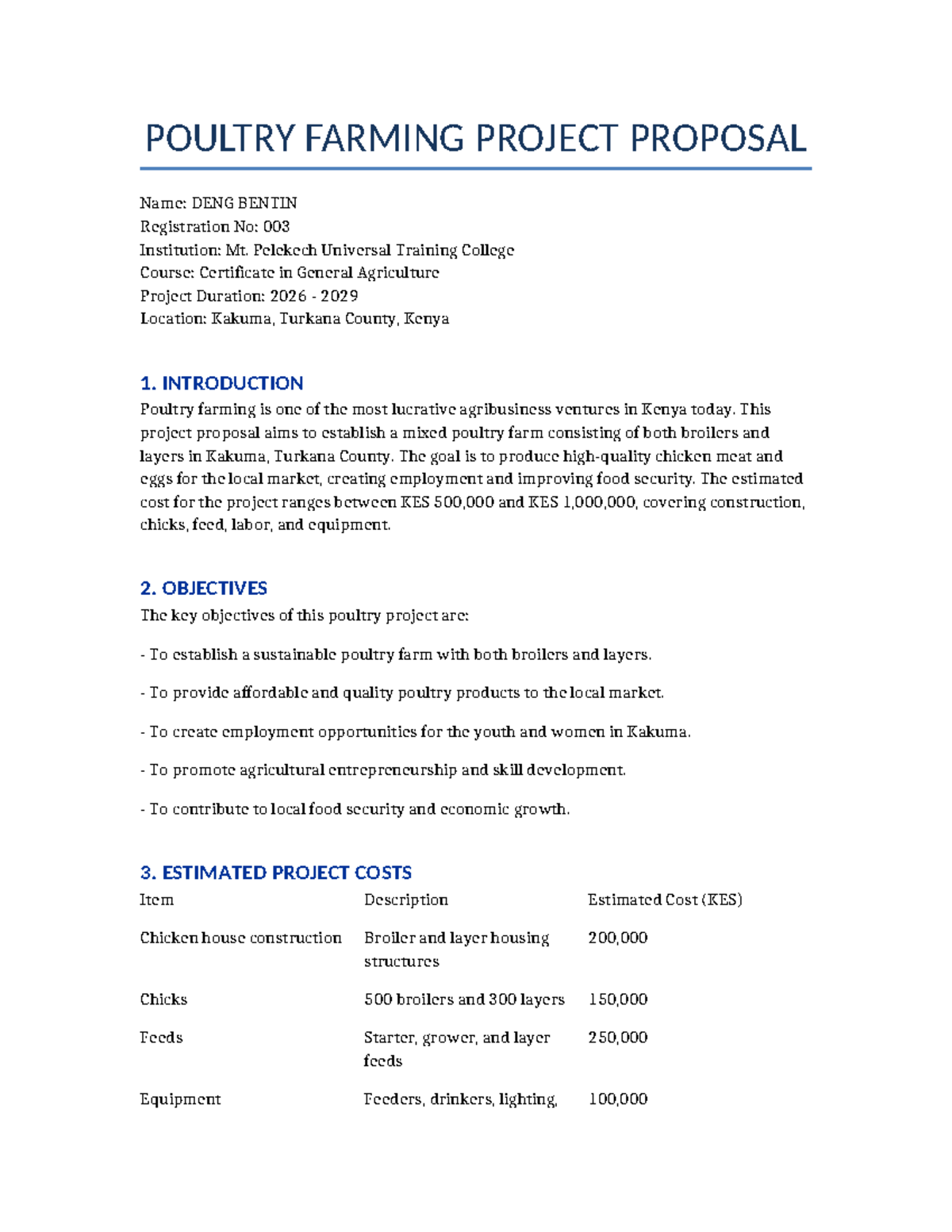 Poultry Farming Project Proposal (Certificate in General Agriculture ...