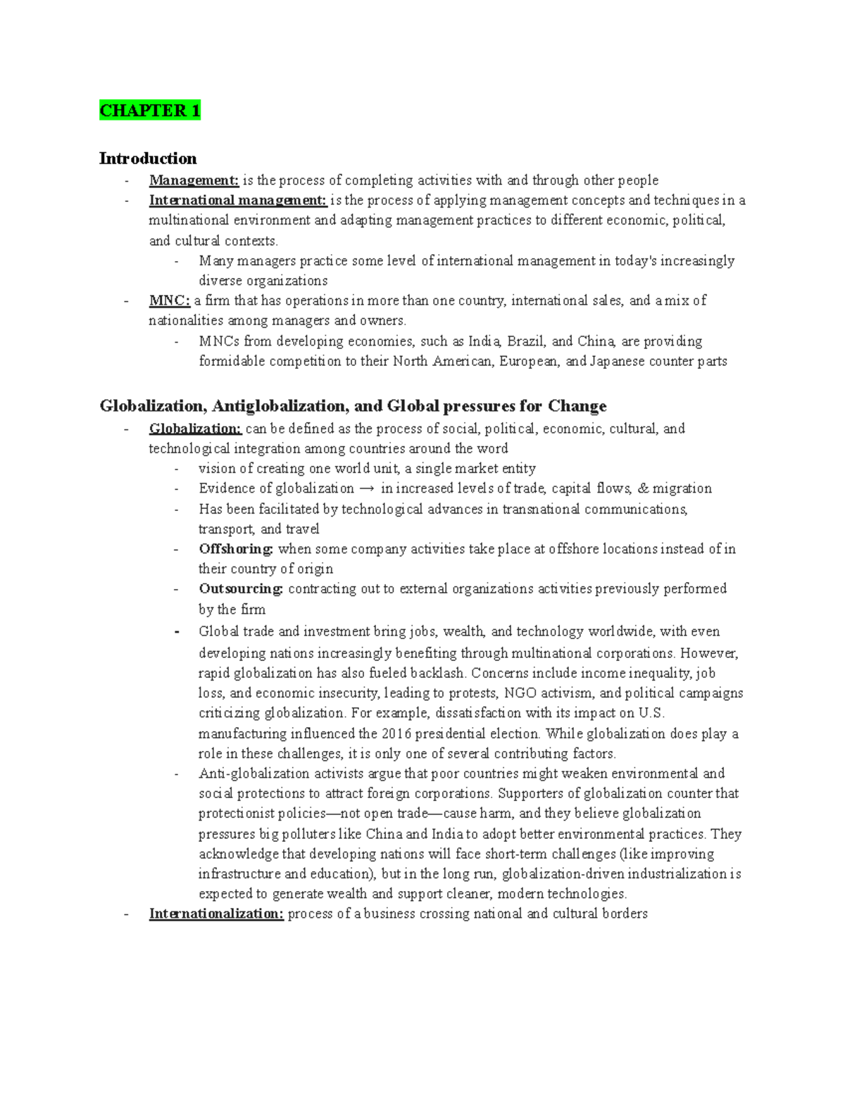 IBUS 492 - Chapter 1: Introduction to International Management Concepts ...
