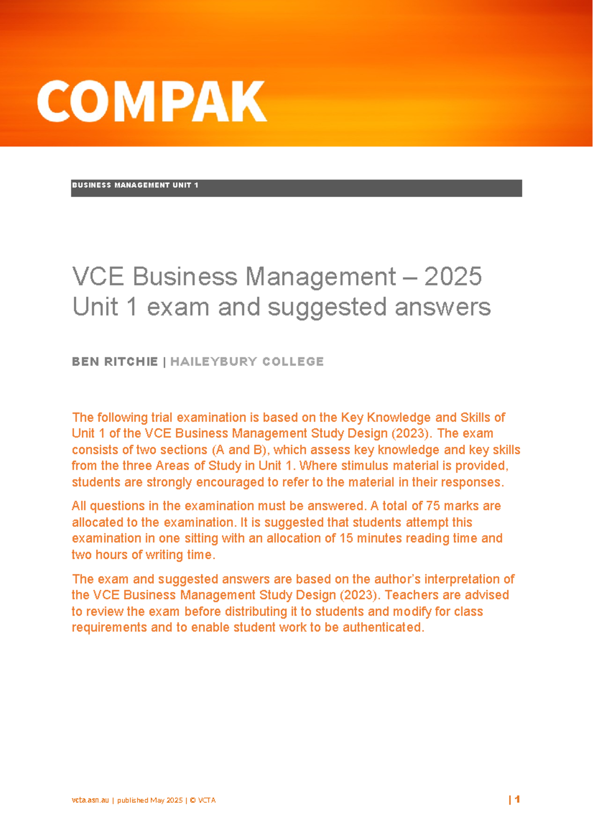 VCE Business Management Unit 1 Practice Exam 2025: Key Knowledge ...