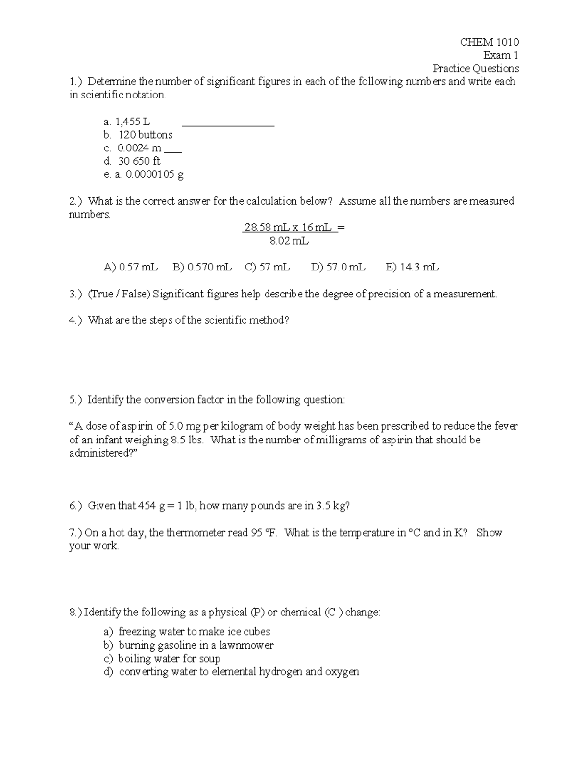 CHEM 1010 Exam 1 Practice Questions & Problem Set Review - Studocu