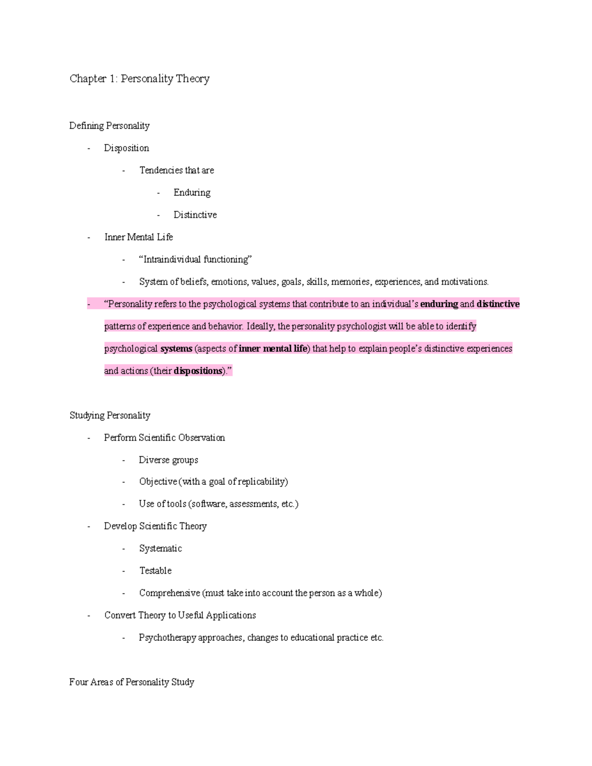 PSY 101: Chapter 1-4 Personality Theory & Psychoanalytic Insights - Studocu