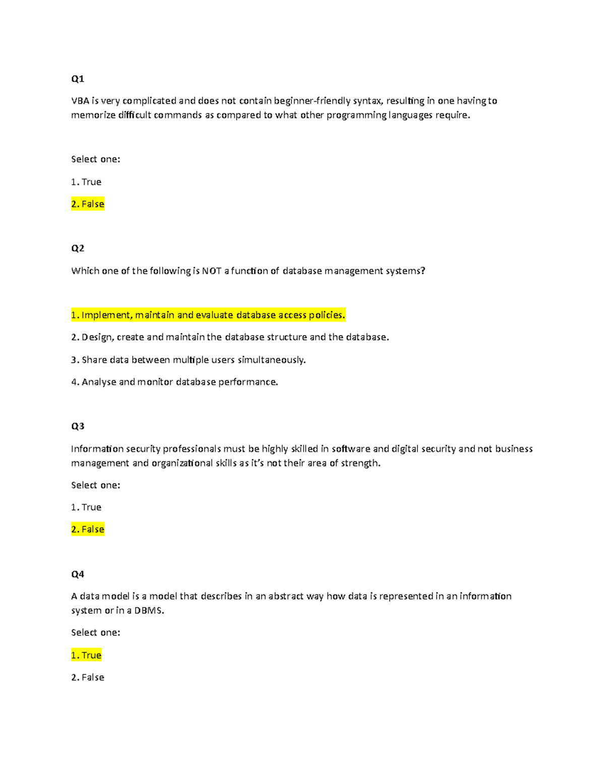 VBA & DBMS Questions - Assignment 01 - 1st Attempt - Studocu