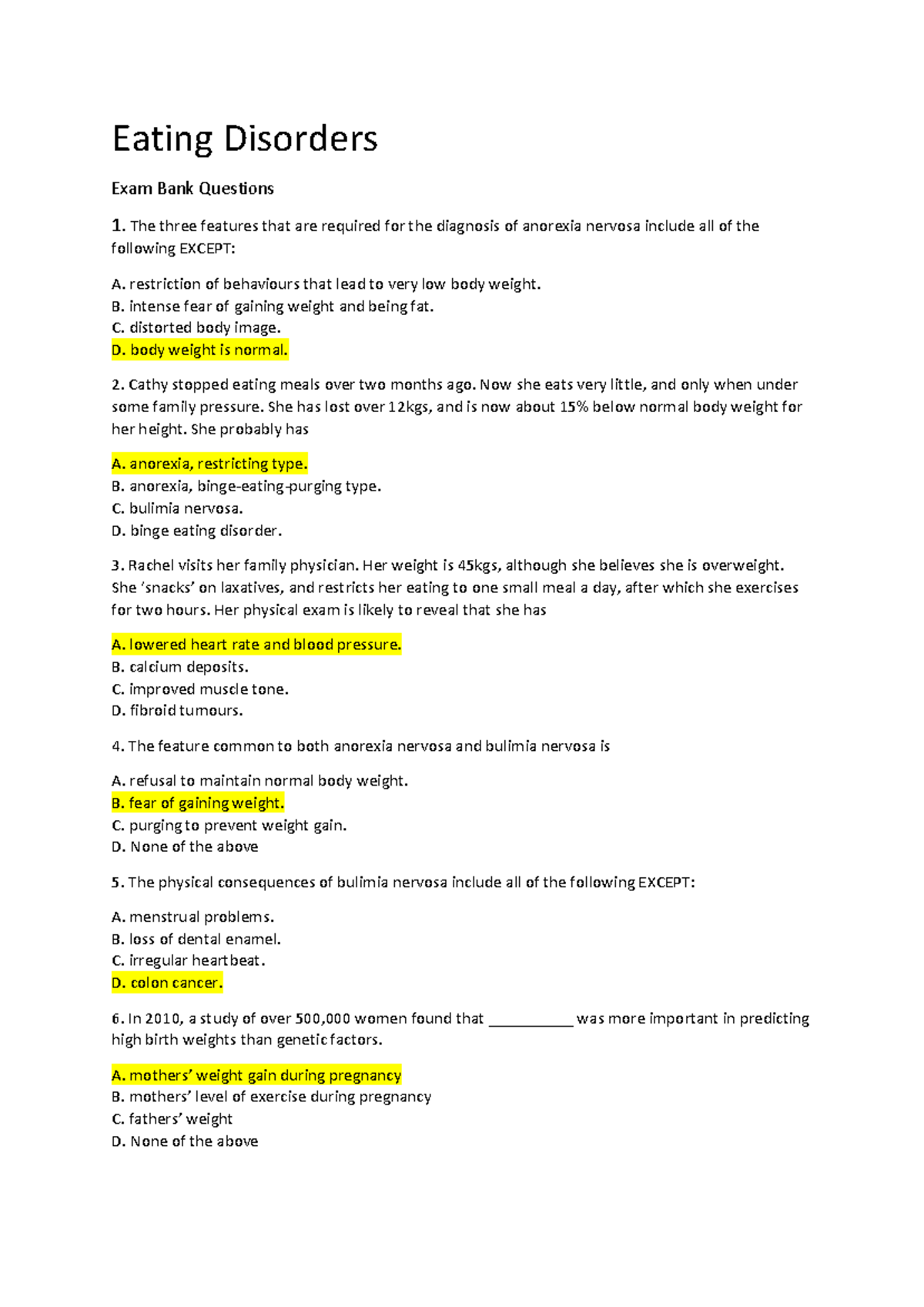 Eating Disorders MCQ Review and Exam Prep Questions - Studocu