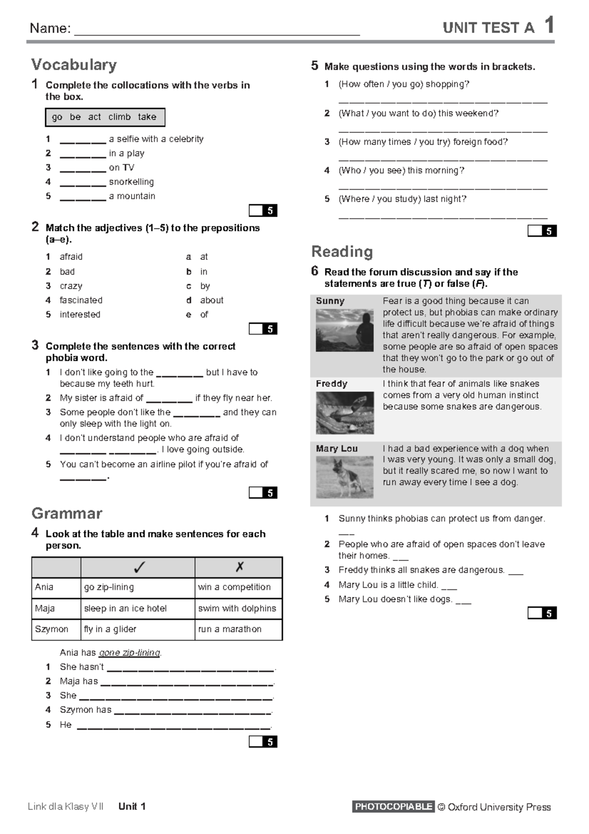 Vocabulary UNIT TEST A: Questions, Collocations, and Phobias - Studocu