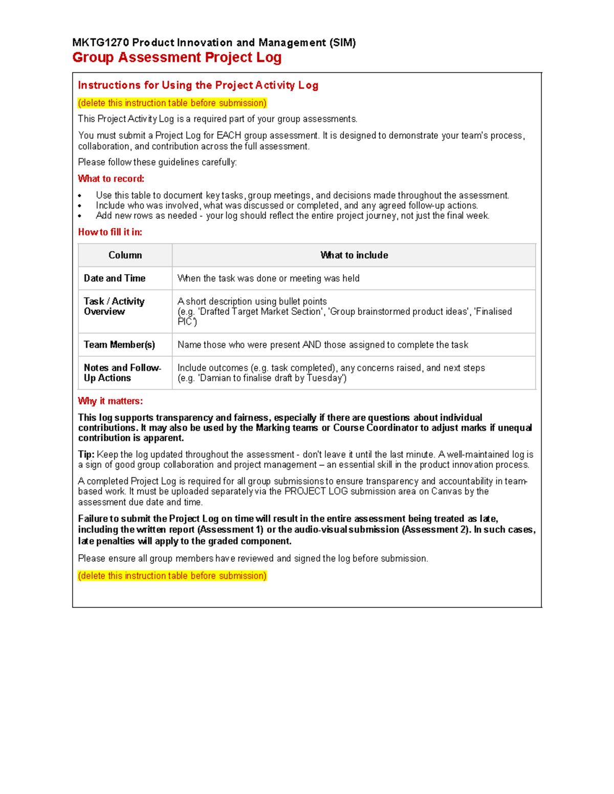 MKTG1270 A1 Group Project Log Template for Product Innovation - Studocu