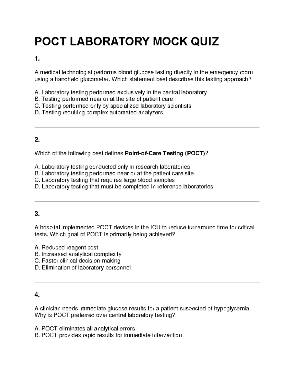 POCT LABORATORY MOCK QUIZ: Key Concepts and Questions - Studocu
