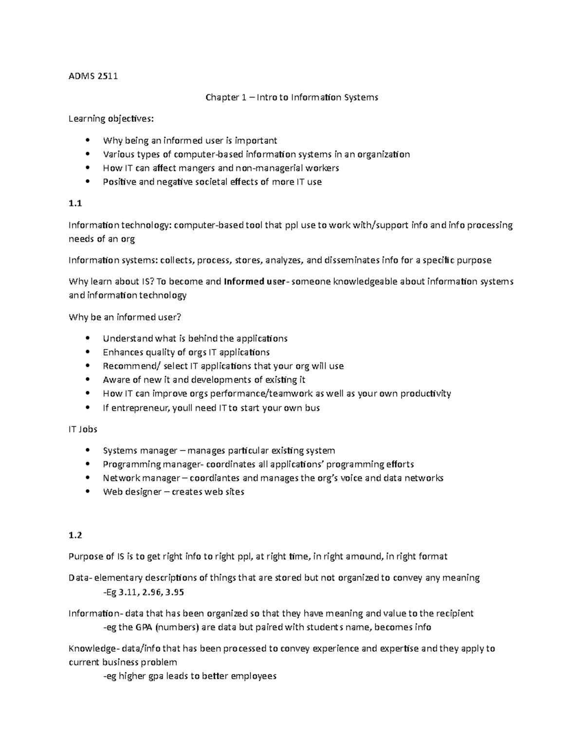 AMDS 2511 Midterm Textbook Notes - ADMS 2511 Chapter 1 Intro to ...