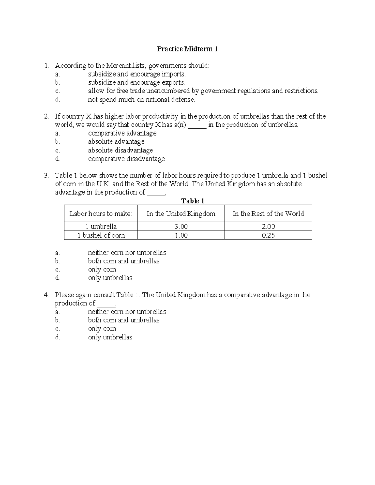 Practice Midterm 1: Key Concepts in International Trade Theory - Studocu