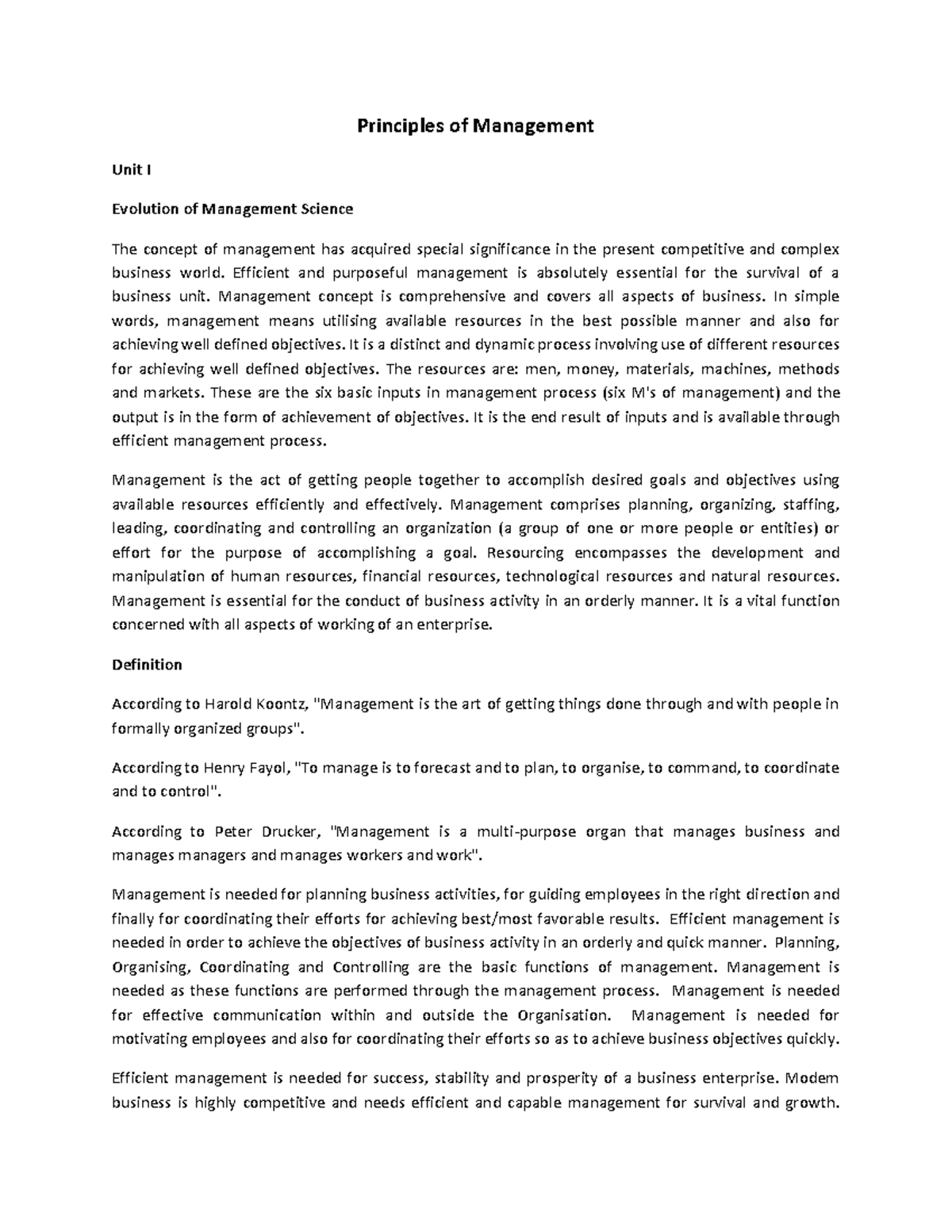 Principles of Management (MGT101) Lecture Notes - Unit I Overview - Studocu