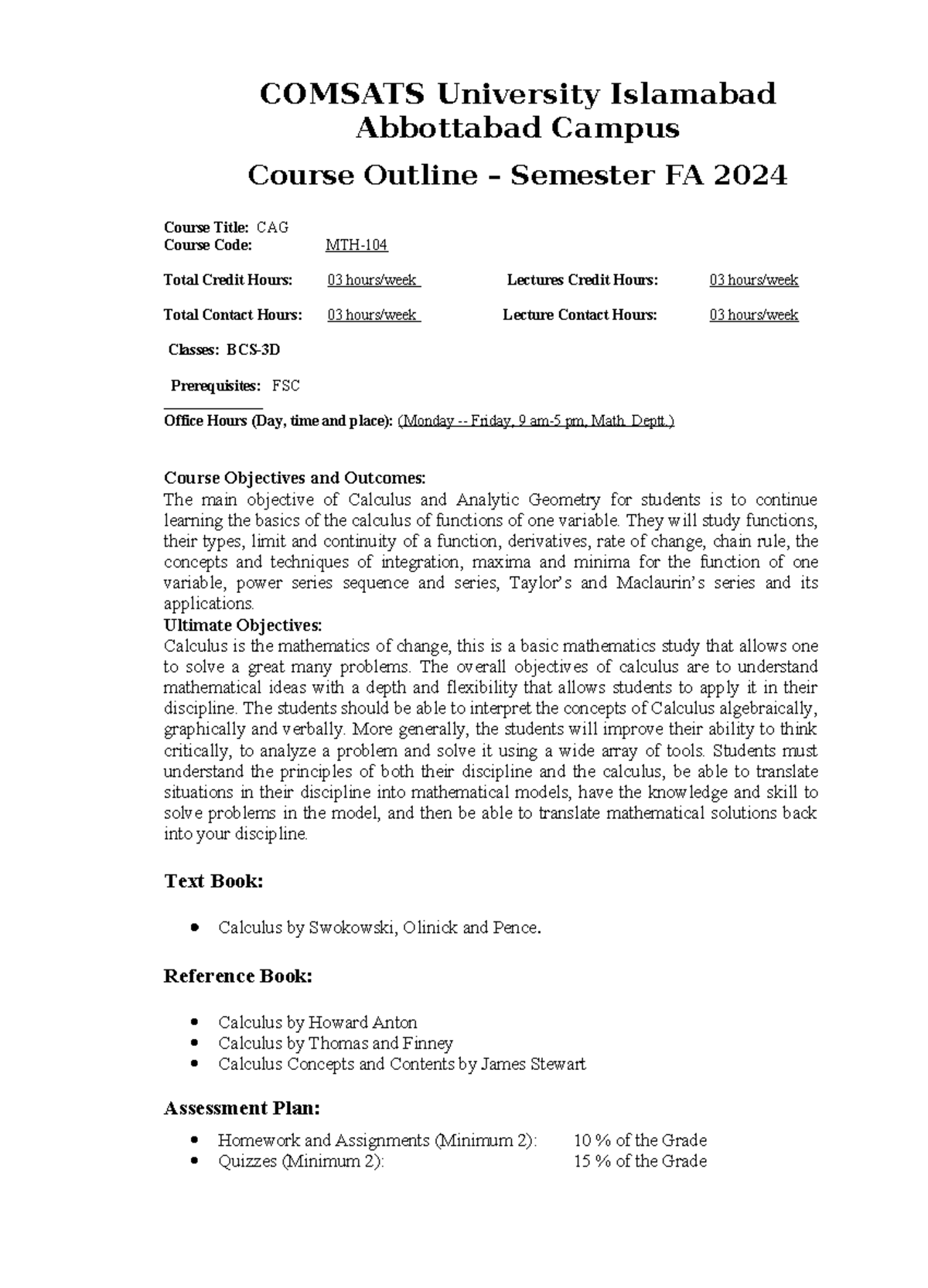 Course outline - this is for the help of students - COMSATS University ...