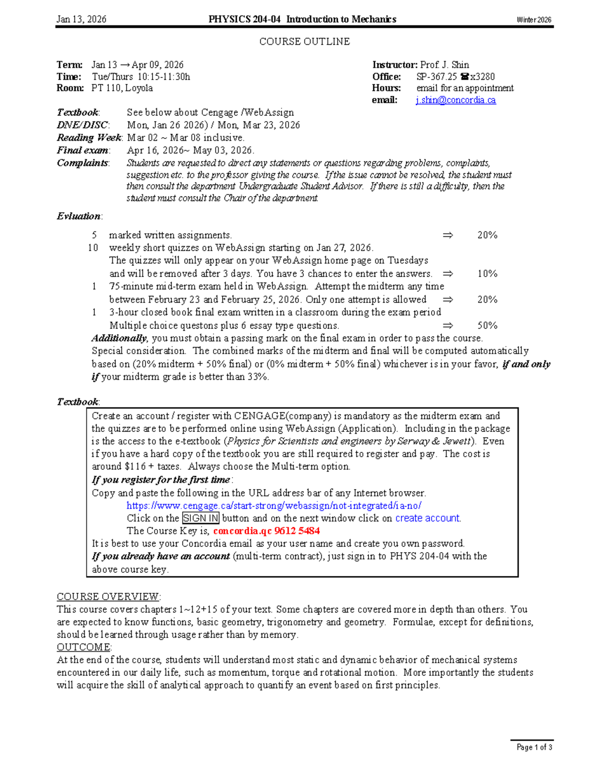 PHYS 204 - Winter 2026 Introduction to Mechanics Course Outline - Studocu