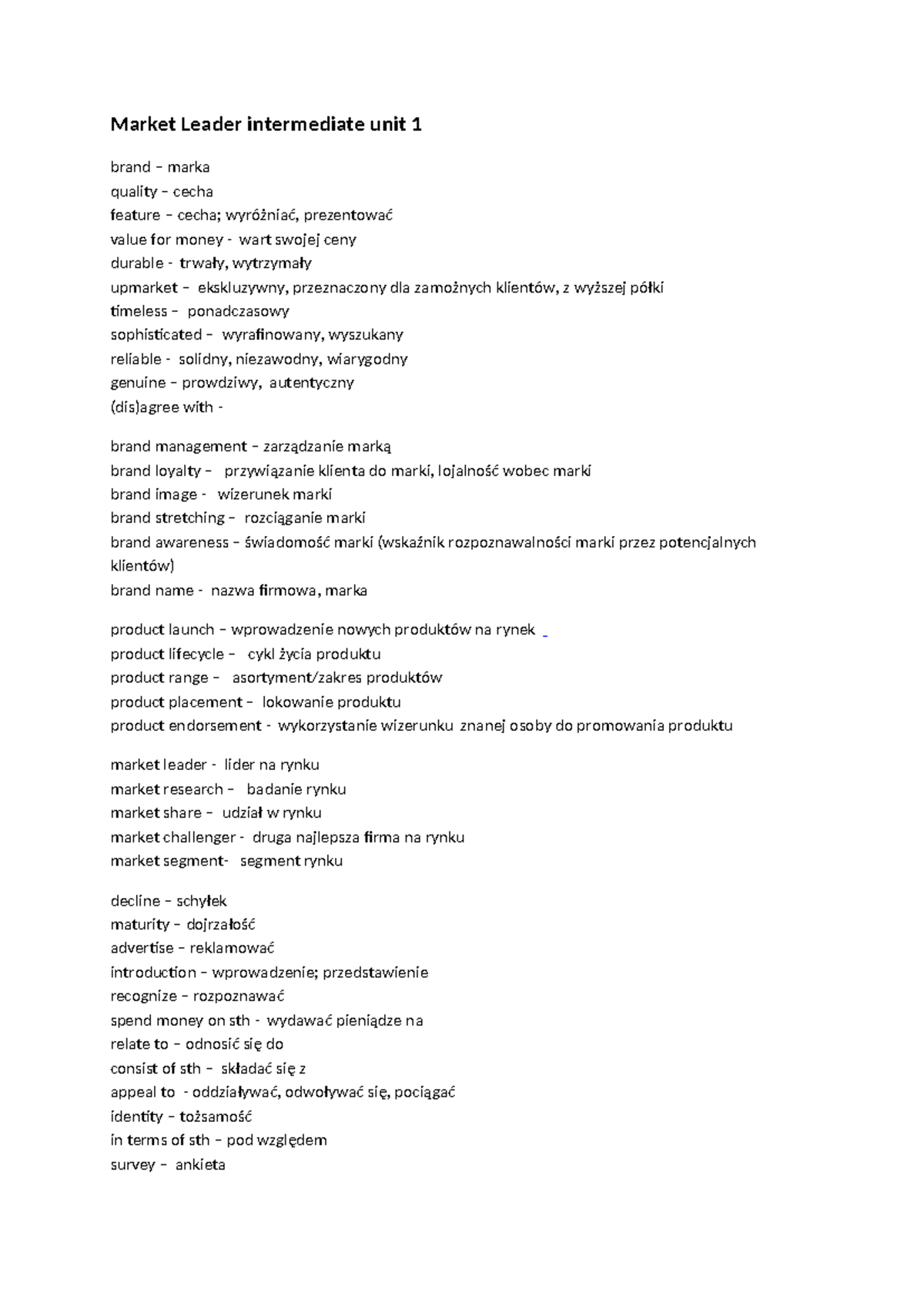 Market Leader Intermediate Unit 1 Vocabulary Summary - Studocu