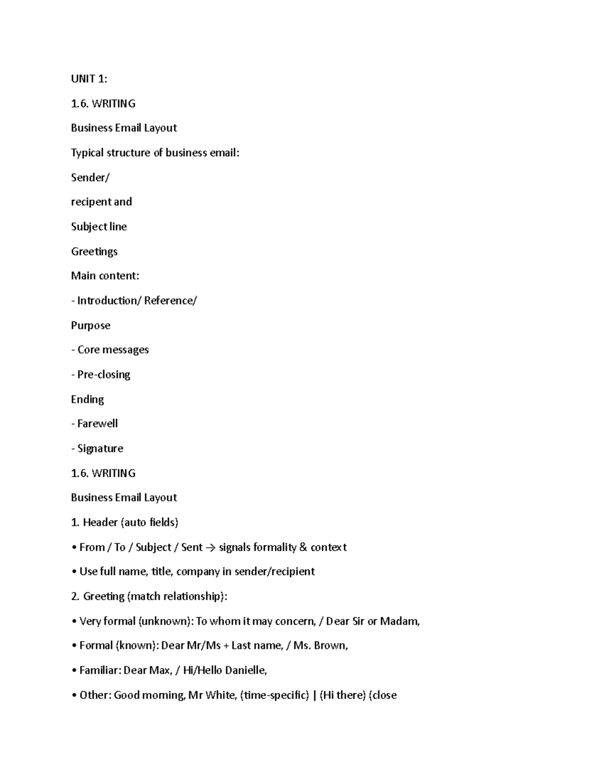 UNIT 1-5: WRITING Business Emails - Structure & Examples - Studocu