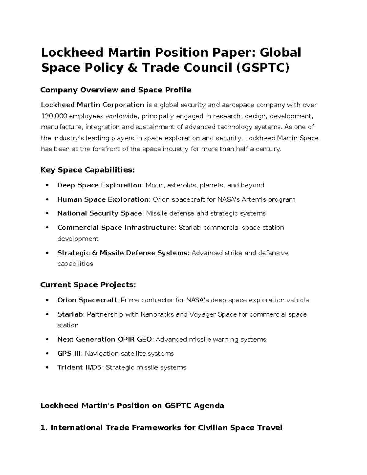 Lockheed Martin GSPTC Position Paper: Global Space Policy Overview ...