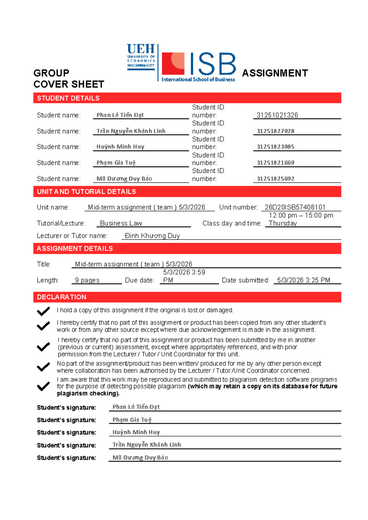 Business Law Assignment (26D20ISB) - Group Cover Sheet & Analysis - Studocu