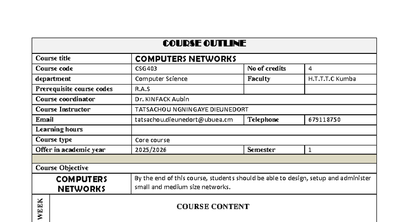 CSG403 Course Outline: Computers Networks Overview and Objectives - Studocu