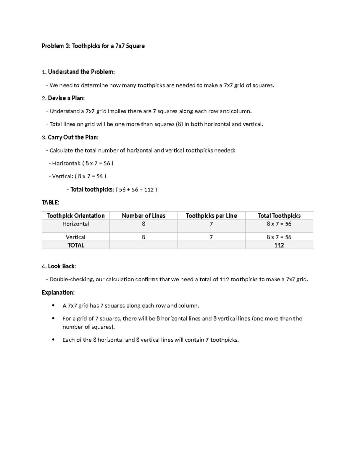 Problem 3: Toothpick Calculation for 7x7 Grid - Studocu
