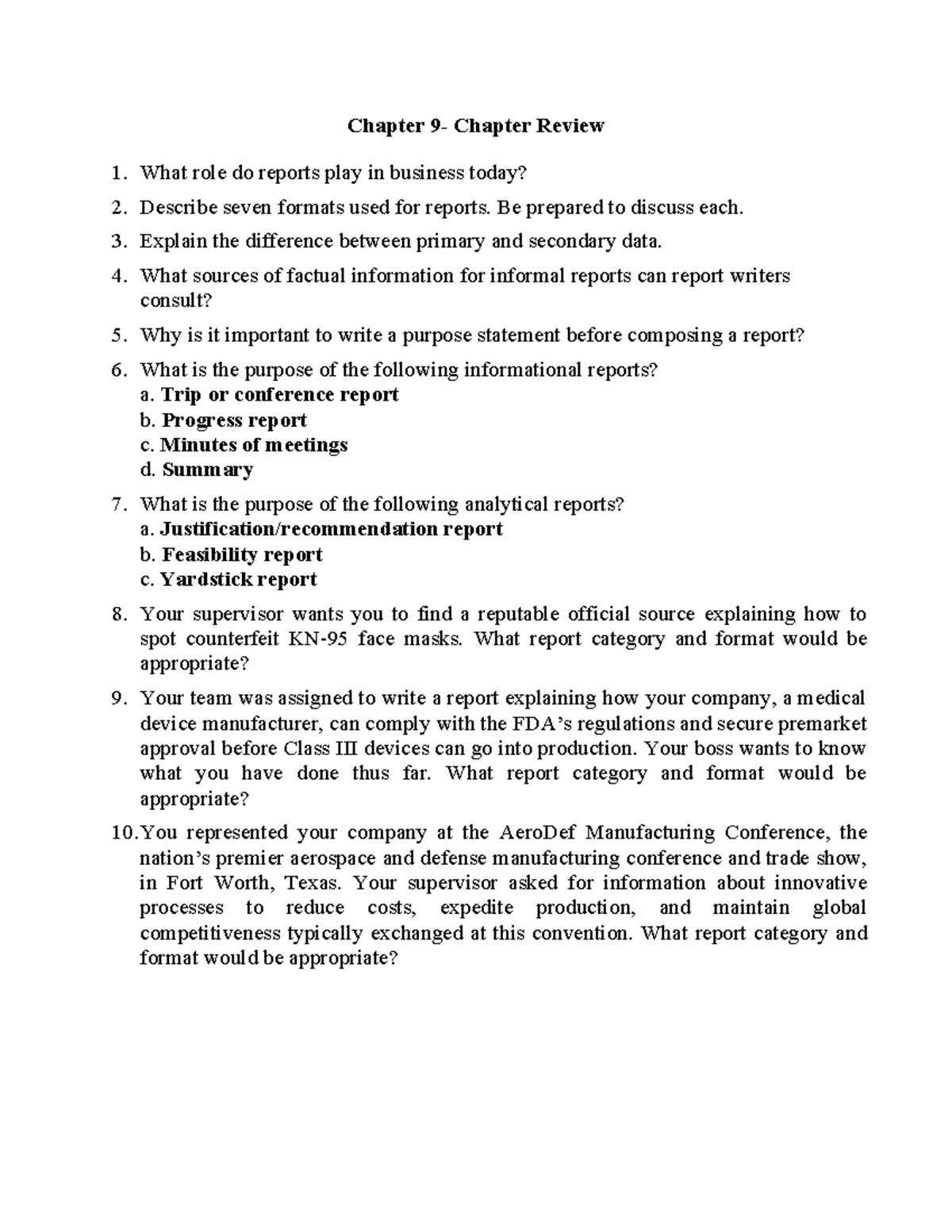 Chapter 9 Review: Business Reports & Data Analysis - Studocu