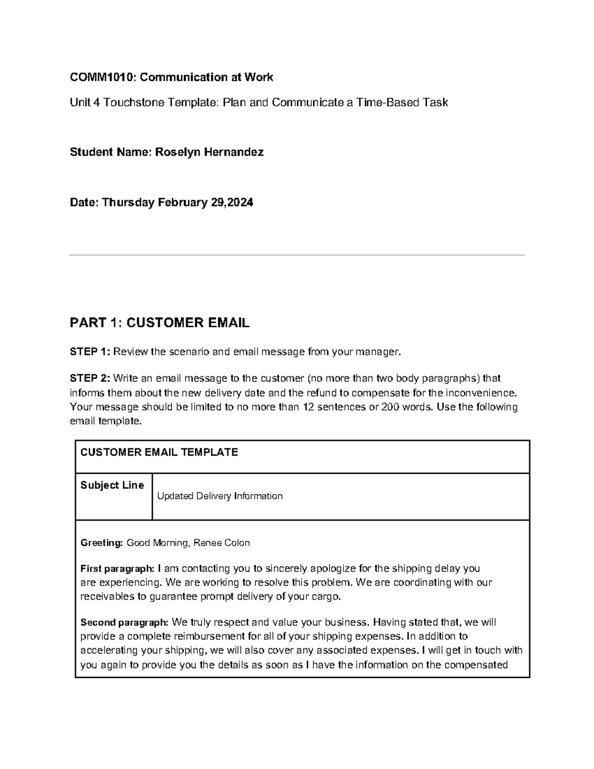 Template for Unit 4 Touchstone - Communication at Work - COMM1010 ...