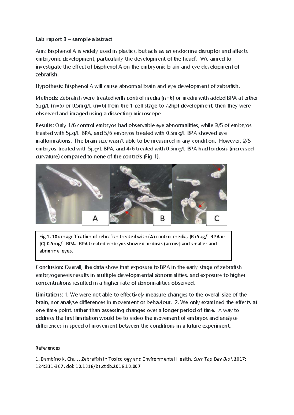 Lab Report 3: Effects of BPA on Zebrafish Embryonic Development - Studocu
