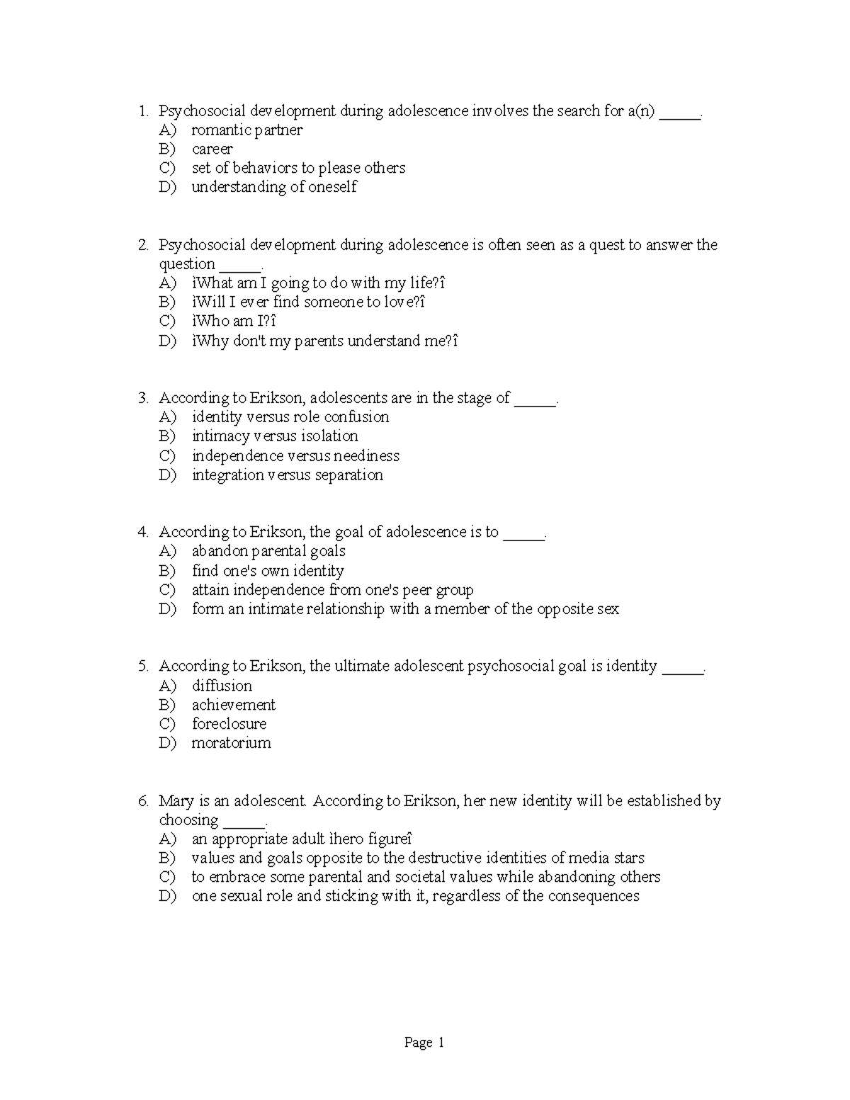 Chapter 16 - Adolescent Psychosocial Development MCQs - Studocu