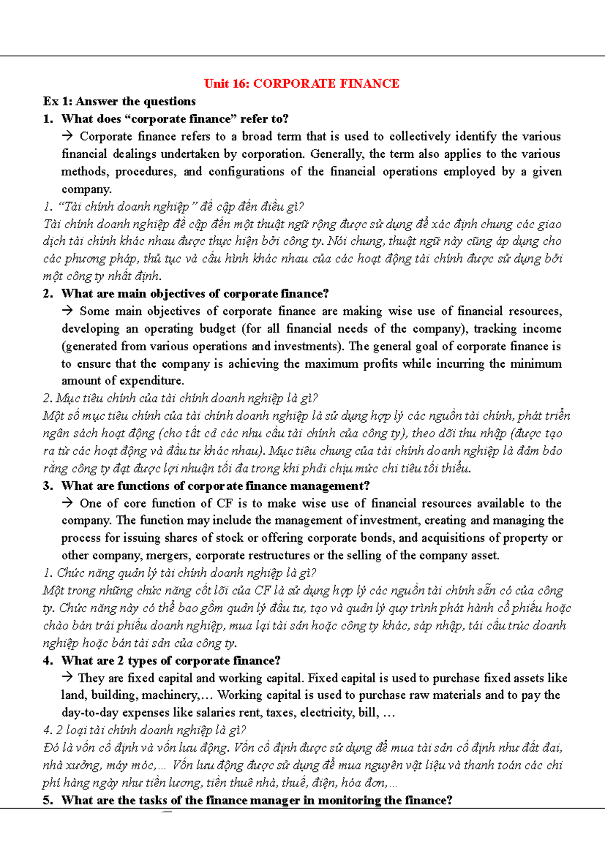 Unit 16: Corporate Finance Overview and Key Concepts (TACN2) - Studocu