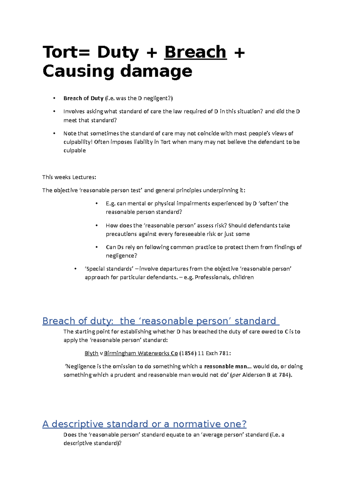 Lecture Notes: Tort Law & Breach of Duty - Negligence Standards - Studocu