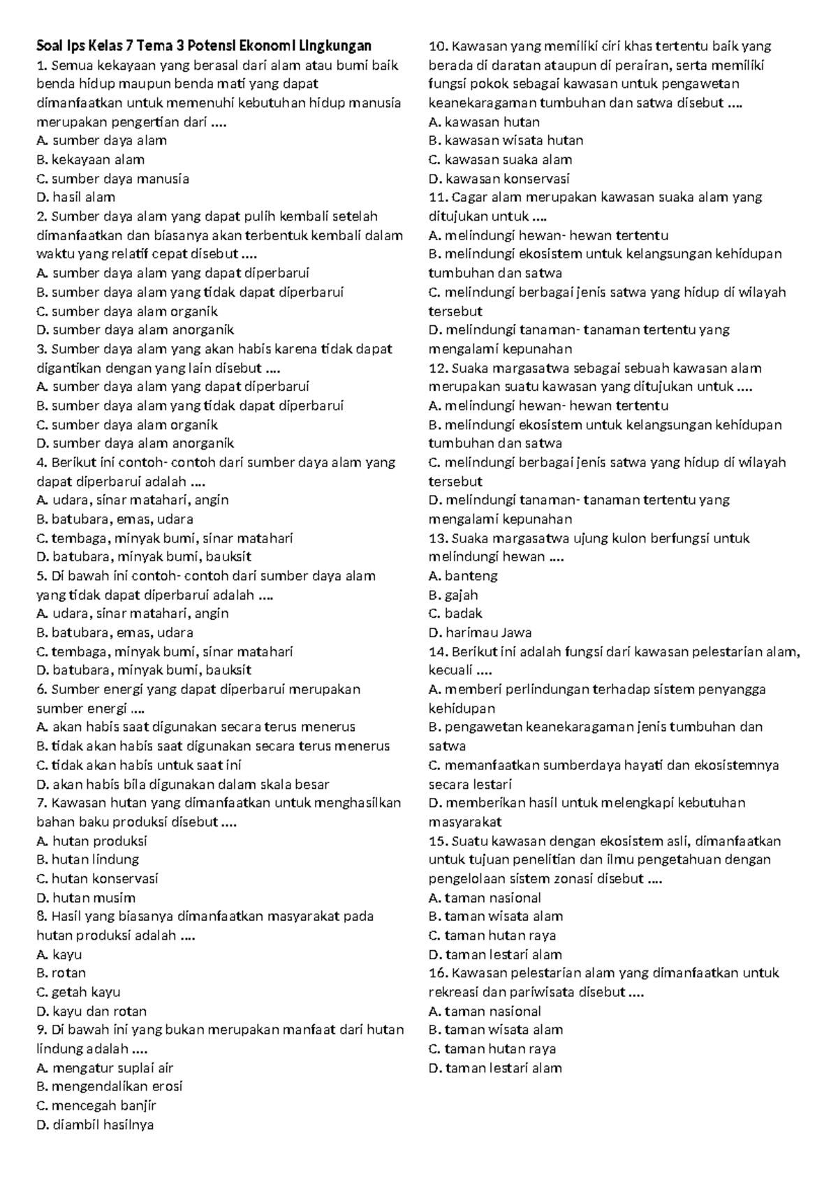 Soal IPS Kelas 7: Tema 3 Potensi Ekonomi Lingkungan - Document Preview