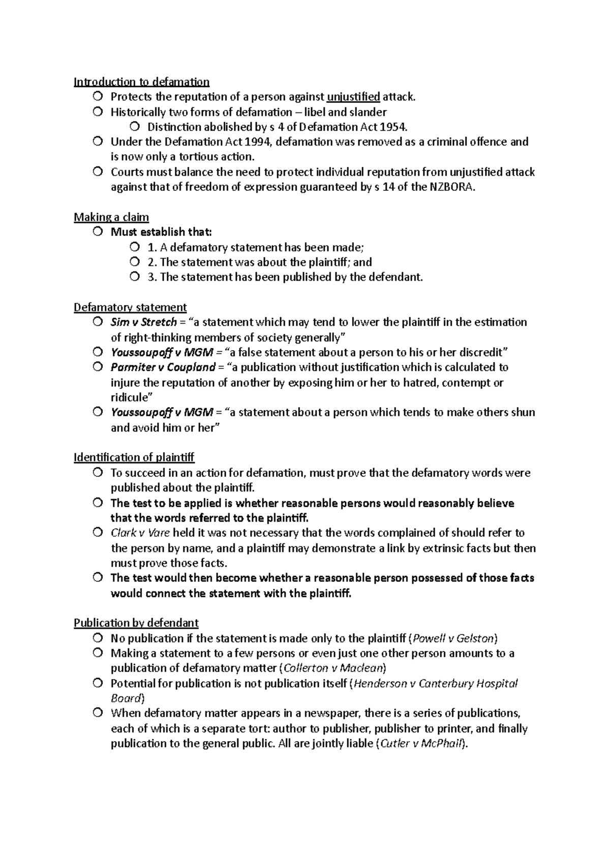 Defamation Law Overview: Key Concepts and Case Studies - Studocu