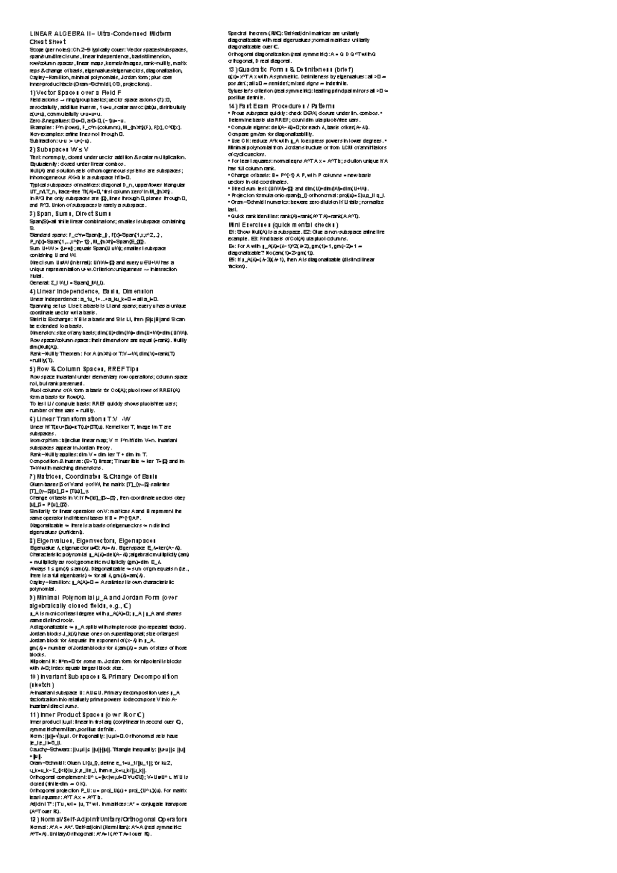 LA2 Midterm Cheat Sheet: Key Concepts in Linear Algebra II - Studocu