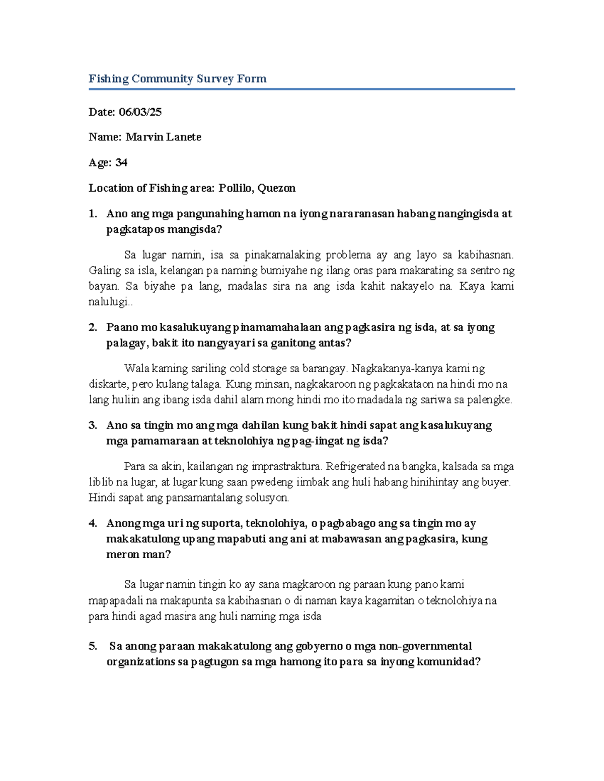 Fishing Community Survey Form: Challenges and Solutions in Pollilo ...