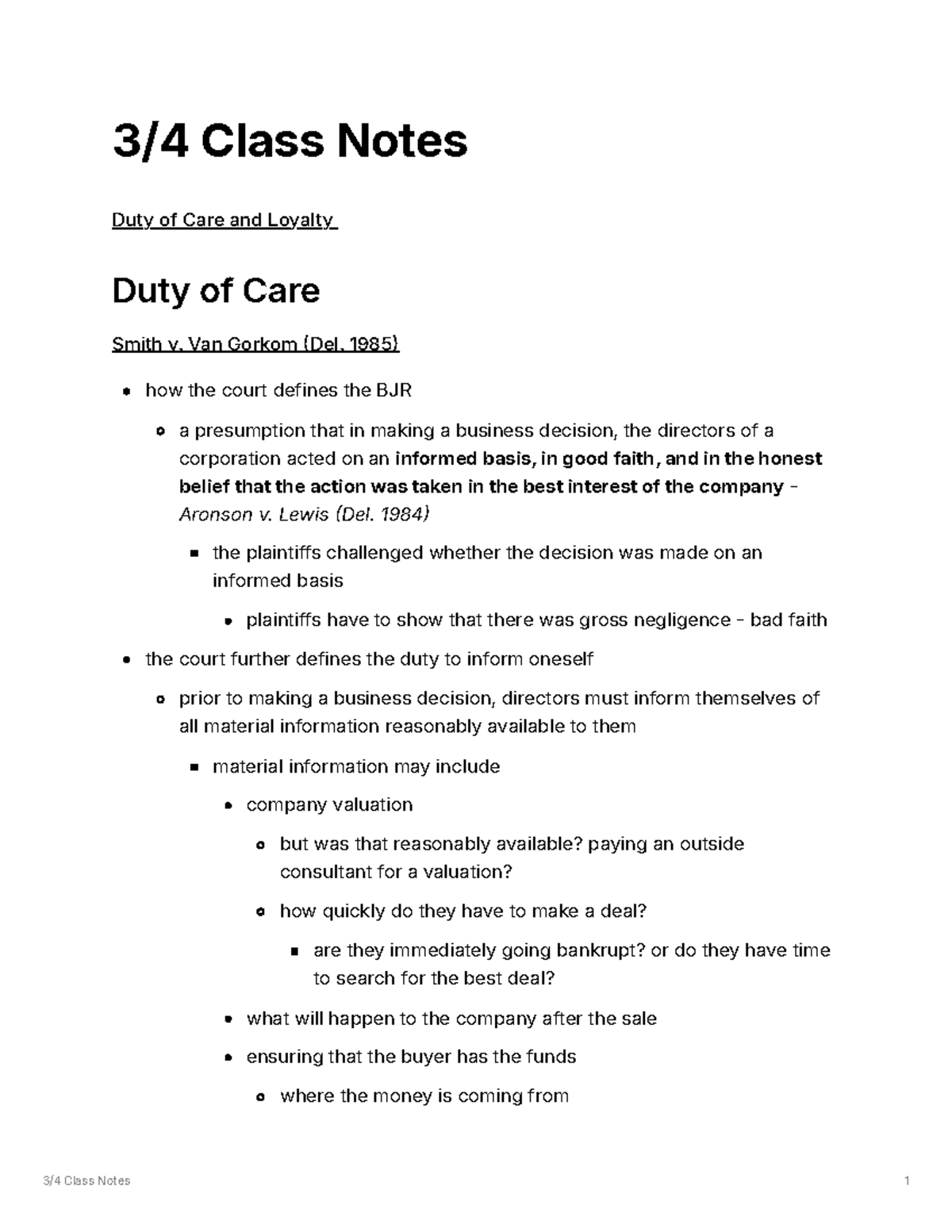 Duty of Care and Loyalty Class Notes - Corporate Law 3/4 - 3/4 Class ...