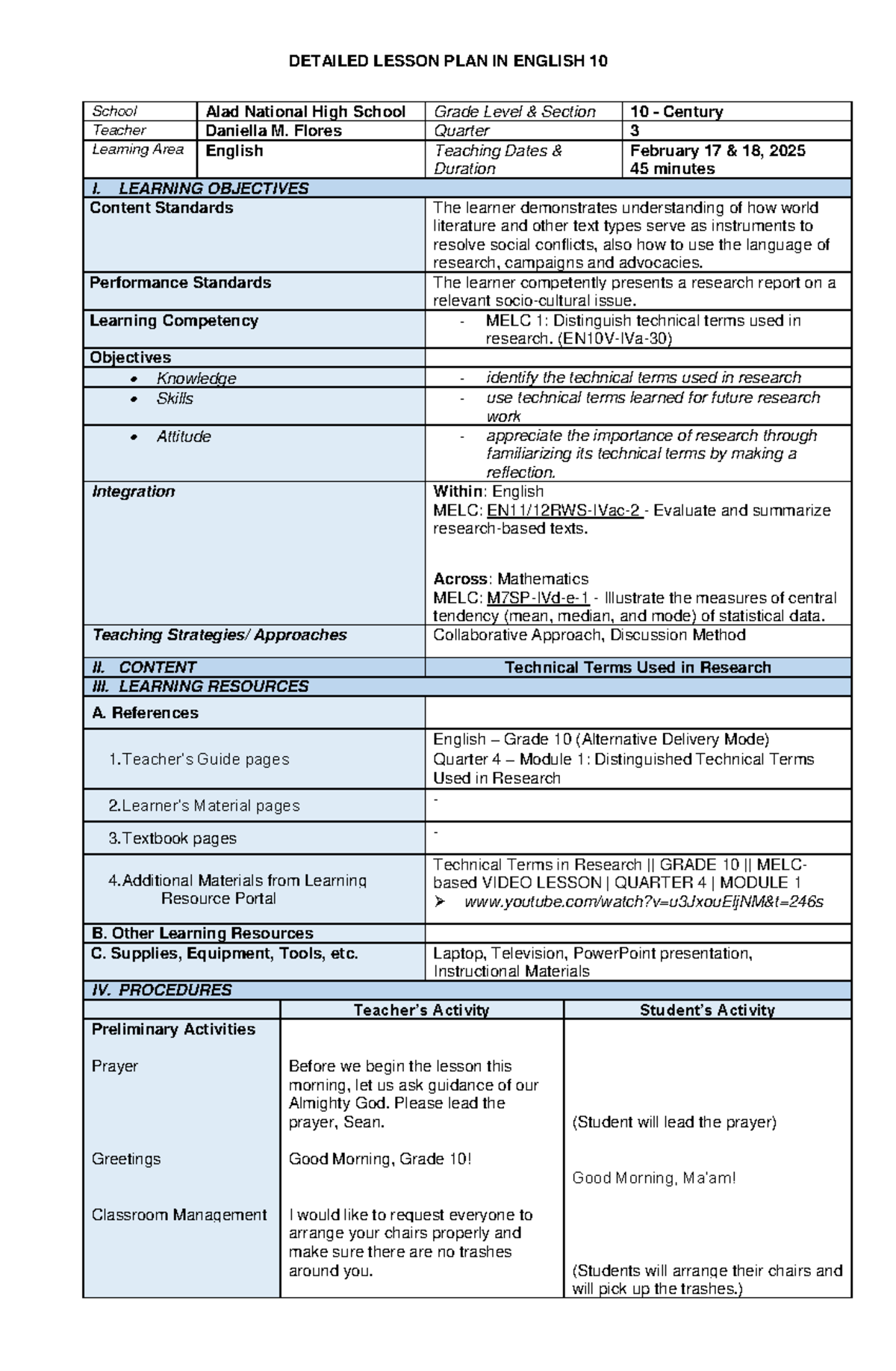 Detailed Lesson Plan about Technical Terms Used in Research (English 10 ...