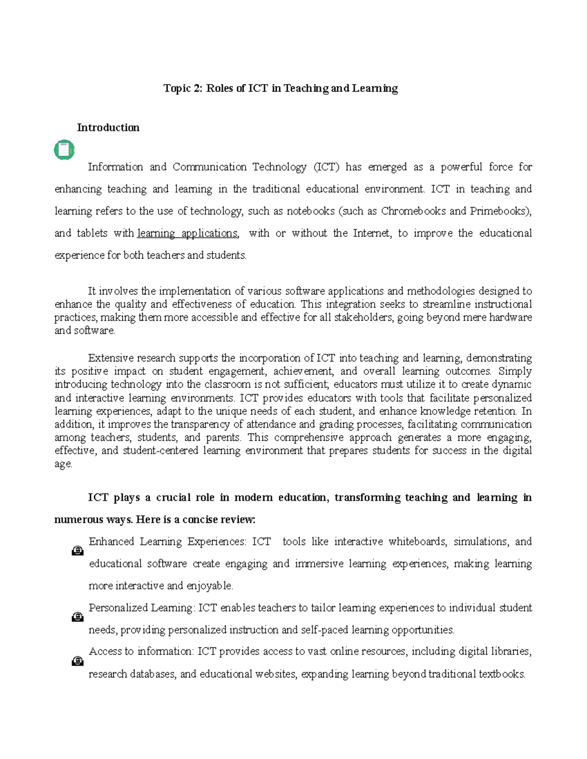 Topic-2 - Basic concepts in technology - Topic 2: Roles of ICT in ...