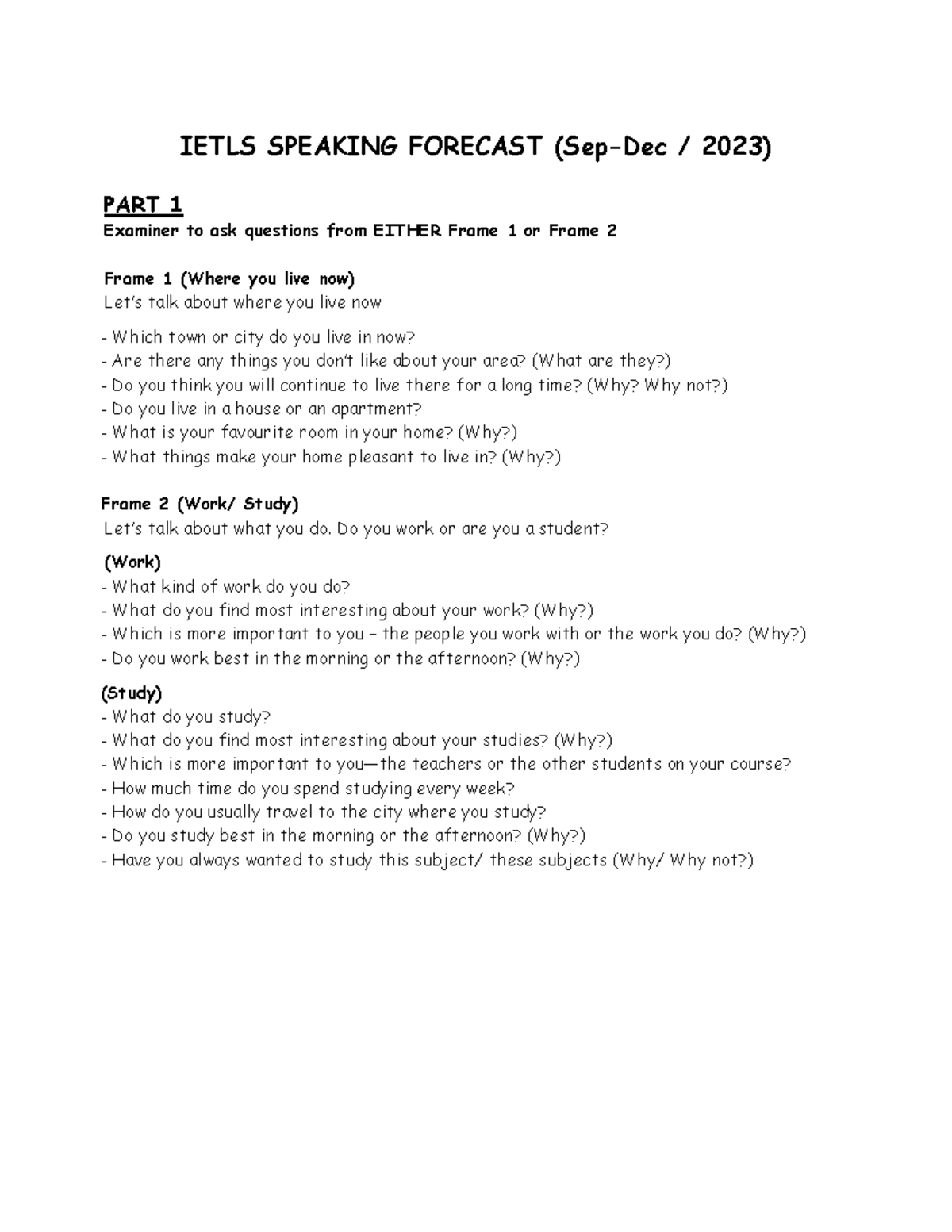 IELTS Speaking Forecast 2023: Part 1 Questions & Topics Overview - Studocu