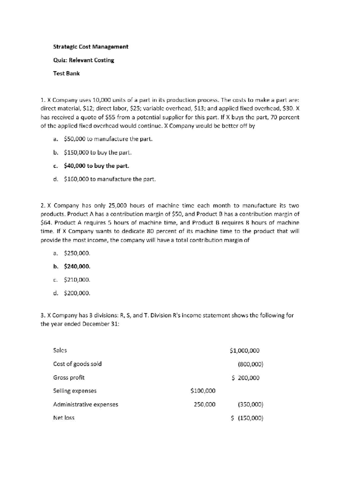 Strategic Cost Management (SCM) Quiz 1: Relevant Costing Insights - Studocu